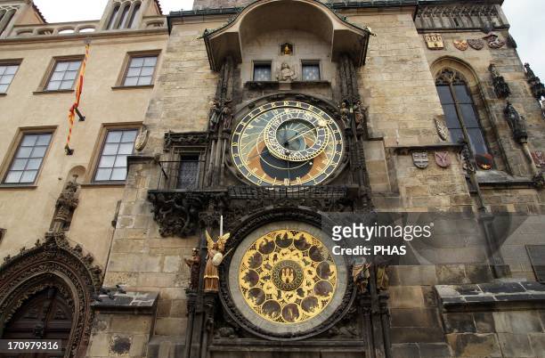 The Prague Astronomical Clock or Prague Orloj mounted on the southern wall of Old Town City Hall in the Old Town Square. Clock, calendar, and...