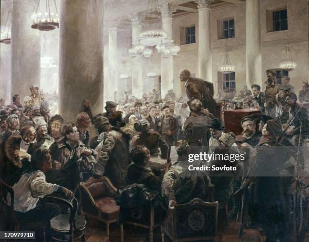 Lenin speaking at the all-union russian congress of soviets' by i, a, serebryany, central lenin museum, leningrad, meeting of v, i, lenin with n, k,...