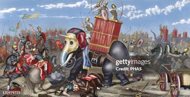 Second Punic War. The Battle of Zama . A Roman army led by Publius Cornelius Scipio Africanus defeated a Carthaginian force led by Hannibal. Colored...