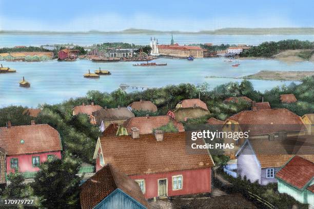 Norway. Horten. 19th century. View of the city with the port and arsenal of the state with the Spanish frigate "Blanca" entering in the drydock....