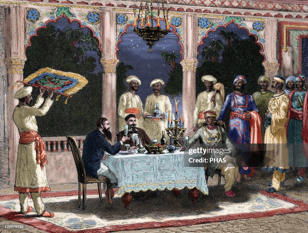 India. British colonial era. Banquet at the palace of Rais in Mynere.