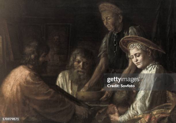 Peasants having dinner' a painting by mikhail shibanov, 1774.