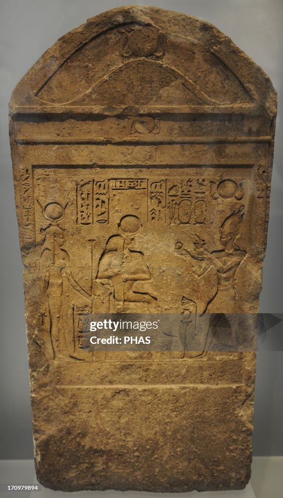 Egyptian Art. Ptolemaic period (332-30 BCE). Stele. King sacrificing to Isis and Serapis. Relief. Ny Carlsberg Glyptotek. Copenhagen. Denmark.