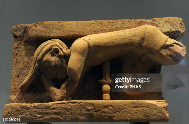 Greek Art. Altar with greek myths. The suicide of Ajax by throwing himself on his sword. Ny Carlsberg Glyptotek. Copenhagen. Denmark.
