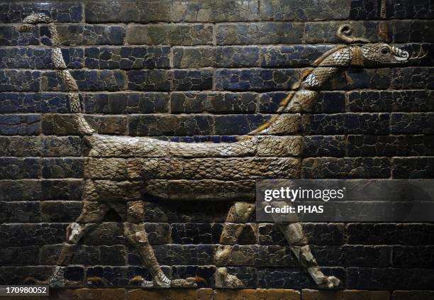 Mesopotamian art. Neo-Babylonian. Ishtar Gate, one of the eight gates of the inner wall of Babylon. Built in the year 575 B.C. During the reign of...