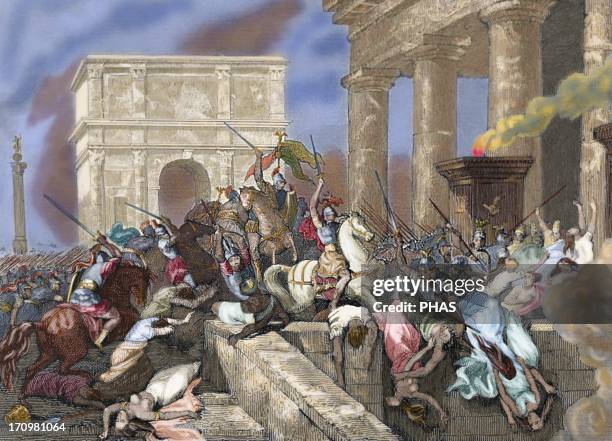 Sack of Rome by the Visigoths led by Alaric I in 410, during the reign of Emperor Honorius. Colored engraving.