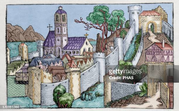 Liber chronicarum by Hartmann Schedel. The city of Alexandria. 15th century. Latin edition. Colored engraving. Episcopal Library. Barcelona. Spain.