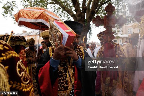 Members of the Ethiopian community take part in a joint celebration of Meskel, and the restitution of a sacred Tabot at the Ethiopian Orthodox Church...