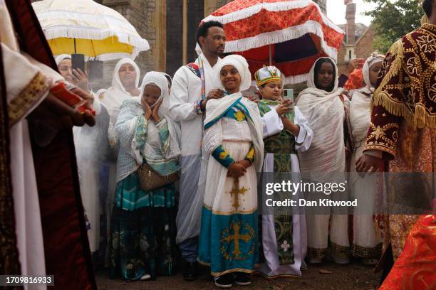 Members of the Ethiopian community take part in a joint celebration of Meskel, and the restitution of a sacred Tabot at the Ethiopian Orthodox Church...