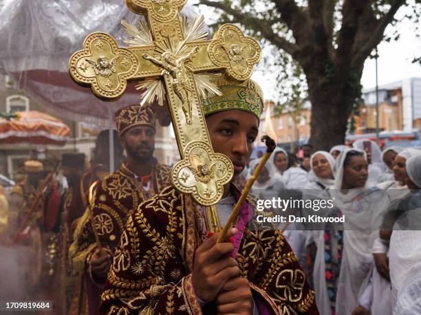 Members of the Ethiopian community take part in a joint celebration of Meskel, and the restitution of a sacred Tabot at the Ethiopian Orthodox Church...