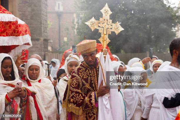 Members of the Ethiopian community take part in a joint celebration of Meskel, and the restitution of a sacred Tabot at the Ethiopian Orthodox Church...