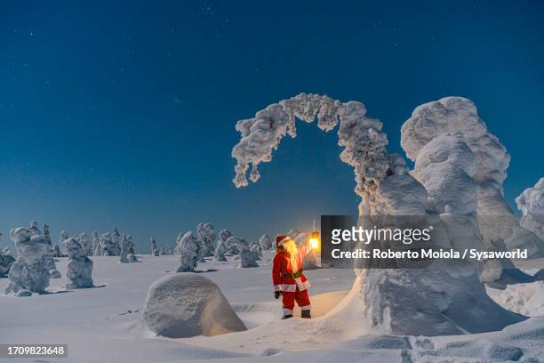 santa claus admiring ice sculptures in a snowy forest - wonderlust stockfoto's en -beelden