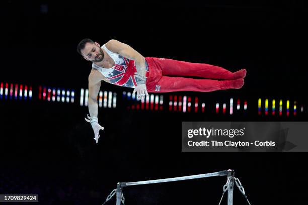 September 30: James Hall of Great Britain performs his horizontal bar routine during Men's Qualifications at the Artistic Gymnastics World...