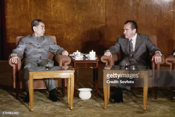 American president richard m, nixon meeting with chou en-lai in beijing, china, 1972.