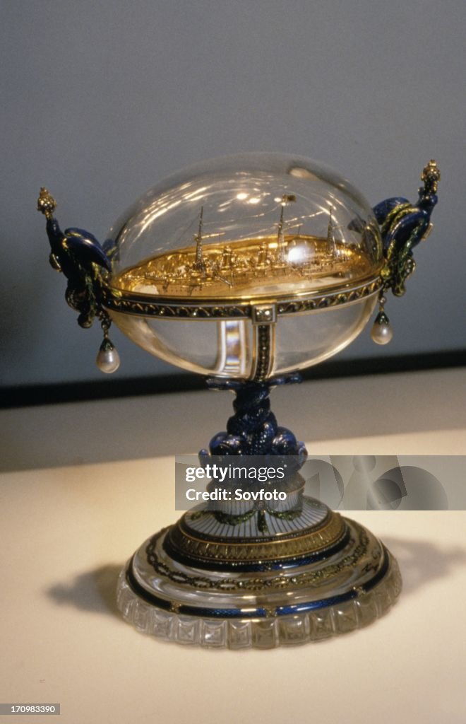 Faberge egg with a model of the imperial yacht, 'shtandart', 1909.