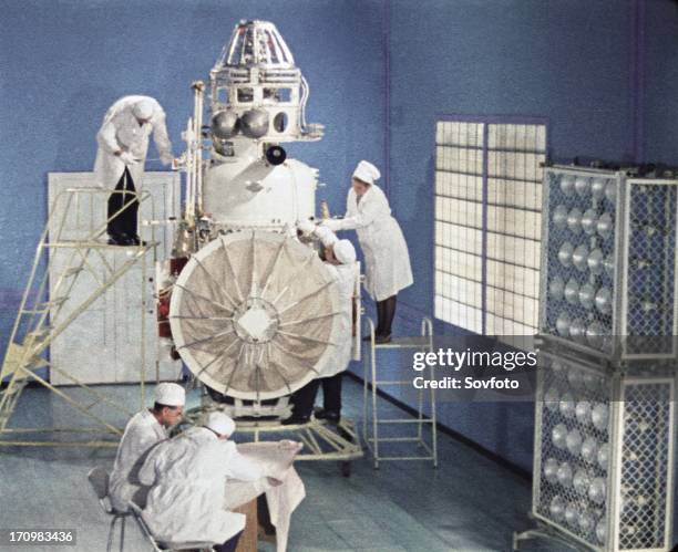 Soviet space probe venera 5 or 6 being prepared for it's launch in january 1969, this is a still from the film 'the storming of venus', produced by...
