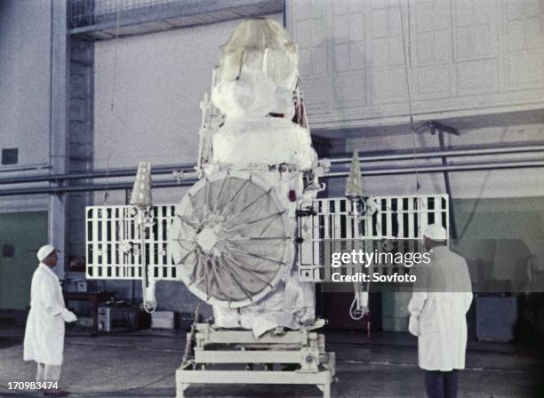 Soviet space probe venera 4 being prepared for it's flight to venus in 1967.