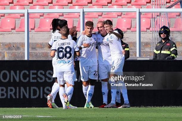 Leo Østigård of SSC Napoli celebrates after scoring a goal during the Serie A TIM match between US Lecce and SSC Napoli at Stadio Via del Mare on...