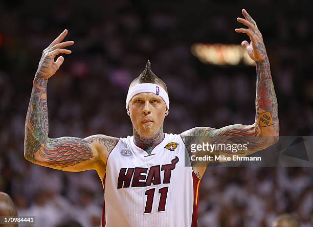 Chris Andersen of the Miami Heat reacts in the third quarter while taking on the San Antonio Spurs during Game Seven of the 2013 NBA Finals at...