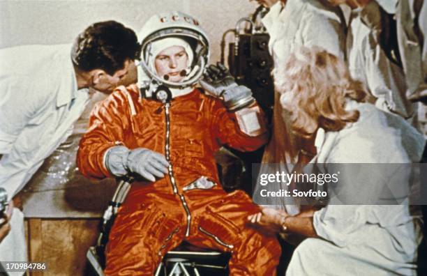 Soviet cosmonaut valentina tereshkova, first woman in space, during preparations for here flight on vostok 6, ussr, june 16, 1963.