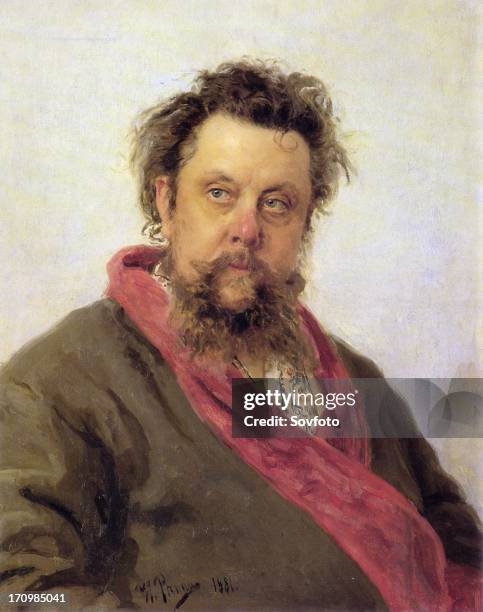 Russian composer modest mussorgsky , portrait by ilya yefimovich repin, 1881.