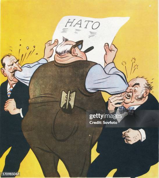 Elbowed out', britain and france elbowed out of leadership role in nato by the us, anti-us propaganda cartoon by boris yefimov published in soviet...