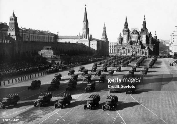 Motorized infantry during a military parade in red square celebrating the 23rd anniversary of the great october socialist revolution on november 7,...