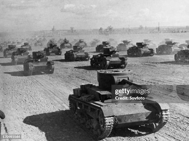 Formation of soviet t-26 model 35 light tanks during military maneuvers, 1936.