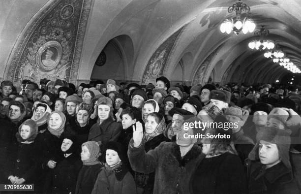 Moscow residents at the opening of the new taganskaya metro station, ussr, january 1950.