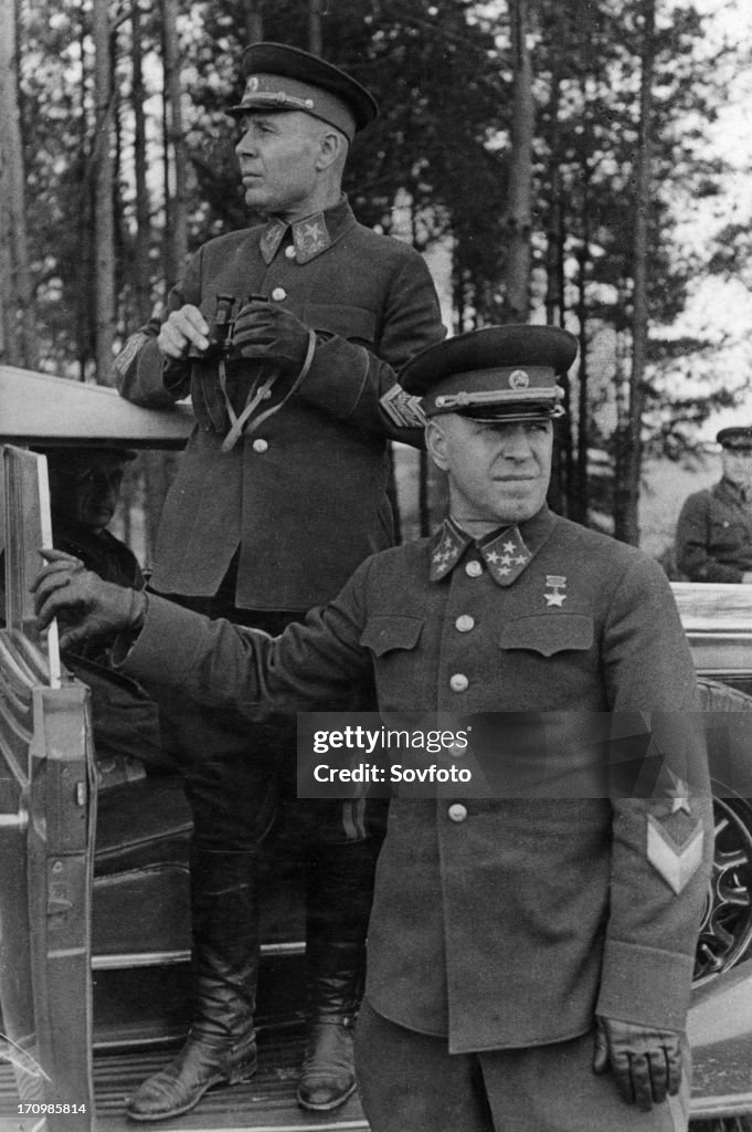 Marshal timoshenko and general georgy zhukov during military maneuvers, fall 1940.