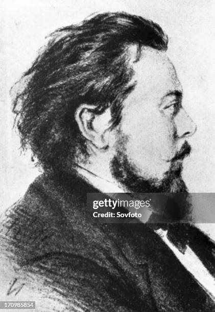Russian composer modest mussorgsky , portrait drawing by alexandrovsky, 1876.