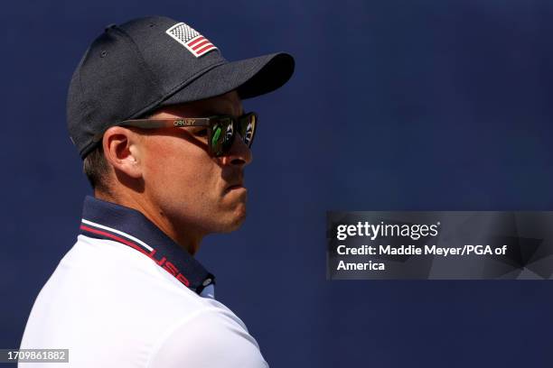 Rickie Fowler of Team United States watches play on the seventh green during the Saturday afternoon fourball matches of the 2023 Ryder Cup at Marco...