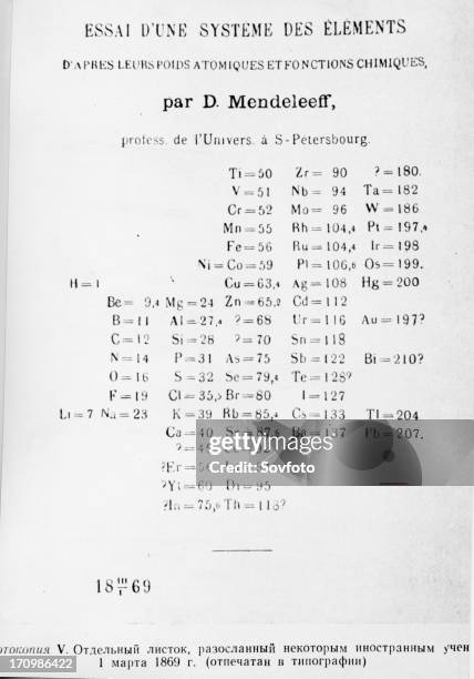 French scientific essay on dmitry mendeleyev 's periodic table of the elements, in this early version there are gaps for some atomic weights of...