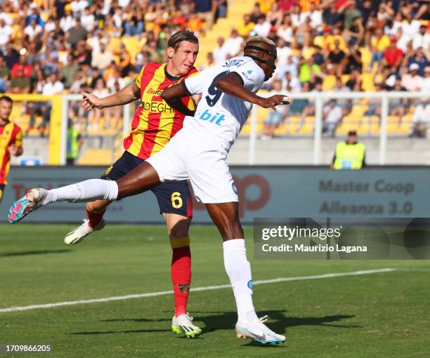 Victor Osimhen of Napoli scores his team's second goal during the Serie A TIM match between US Lecce and SSC Napoli at Stadio Via del Mare on...