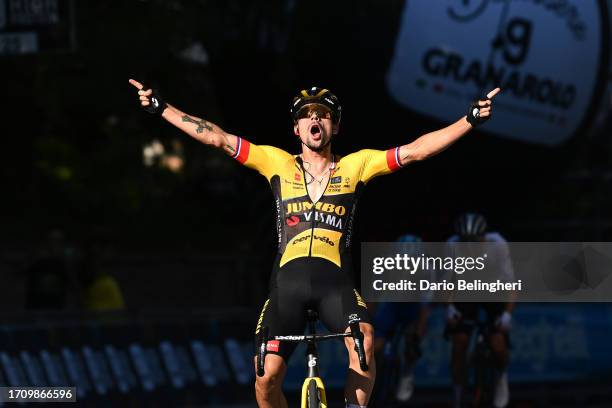 Primoz Roglic of Slovenia and Team Jumbo-Visma celebrates at finish line as race winner during the 106th Giro dell'Emilia 2023 a 204.1km a one day...