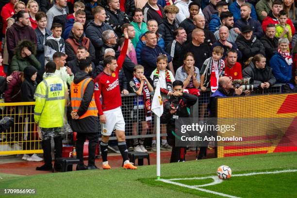 Mason Mount of Manchester United takes a corner during the Premier League match between Manchester United and Crystal Palace at Old Trafford on...