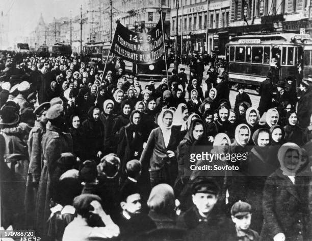 International women's day, women demonstrate on petrograd's nevsky prospect shortly after the establishment of a provisional government, russia,...