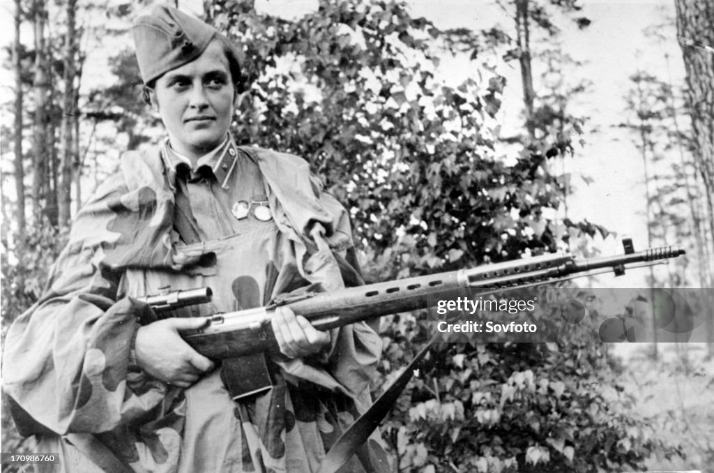 Lyudmila pavlichenko, famous 26 year old russian guerrilla sniper who has killed 309 germans, for which she was made a senior lieutenant and given the order of lenin, a former historian, she participated in the defense of odessa and of sevastopol whe