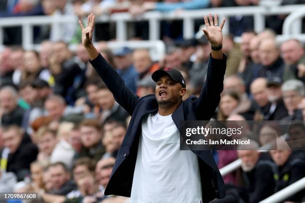 Vincent Kompany, Manager of Burnley, gestures during the Premier League match between Newcastle United and Burnley FC at St. James Park on September...