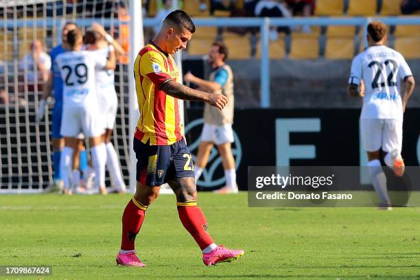 Gabriel Strefezza of US Lecce reacts after the goal conceded during the Serie A TIM match between US Lecce and SSC Napoli at Stadio Via del Mare on...