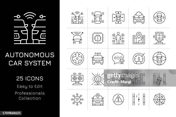 ilustraciones, imágenes clip art, dibujos animados e iconos de stock de conjunto de iconos del sistema de coche autónomo - autonomous vehicle lidar