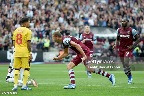 Tomas Soucek of West Ham United celebrates after scoring the team's second goal during the Premier League match between West Ham United and Sheffield...