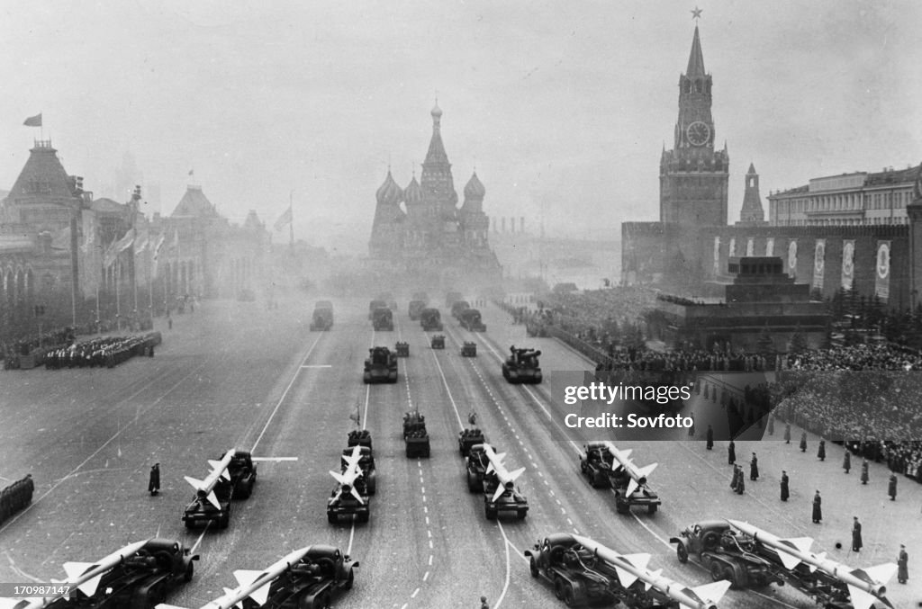 Sam 2 missiles (guideline) on parade in red square, moscow, ussr, november 7th, 1957.