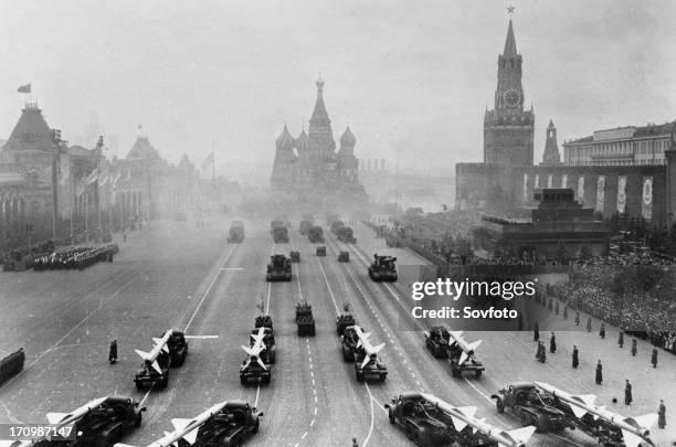 Sam 2 missiles on parade in red square, moscow, ussr, november 7th, 1957.