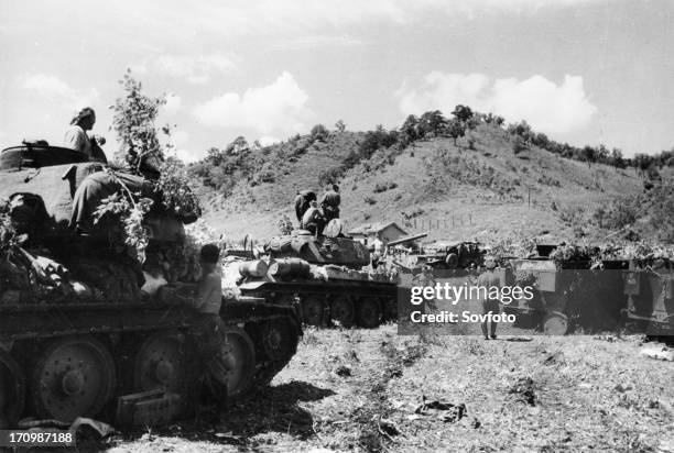 Operation august storm , a group of soviet t-34 tanks after a battle against the kwangtung army, manchuria, august 1945.