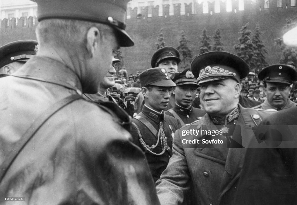 Marshal georgy zhukov greeting foreign military attaches during the time of the victory parade in moscow, may 1945.