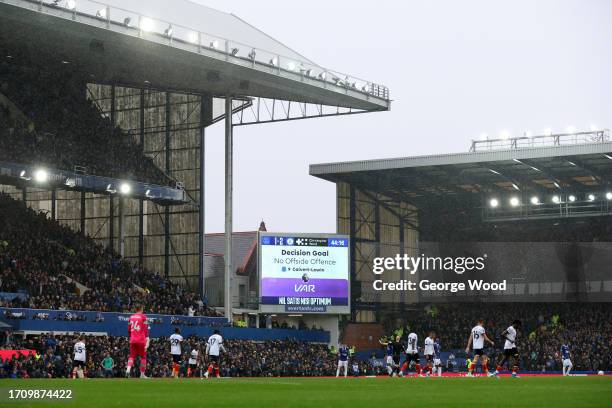 The LED board shows the VAR check for a goal scored by Dominic Calvert-Lewin of Everton during the Premier League match between Everton FC and Luton...