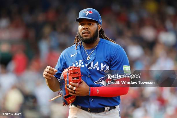 Vladimir Guerrero Jr. #27 of the Toronto Blue Jays during the fourth inning against the Boston Red Sox at Fenway Park on August 5, 2023 in Boston,...