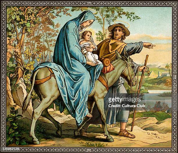 The flight into Egypt - Madonna, Joseph and child. From The life of our lord, published by Society for Promoting Christian Knowledge, London c.1880.