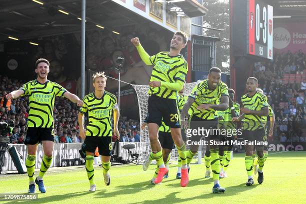 Kai Havertz of Arsenal celebrates after scoring the team's third goal from a penalty during the Premier League match between AFC Bournemouth and...